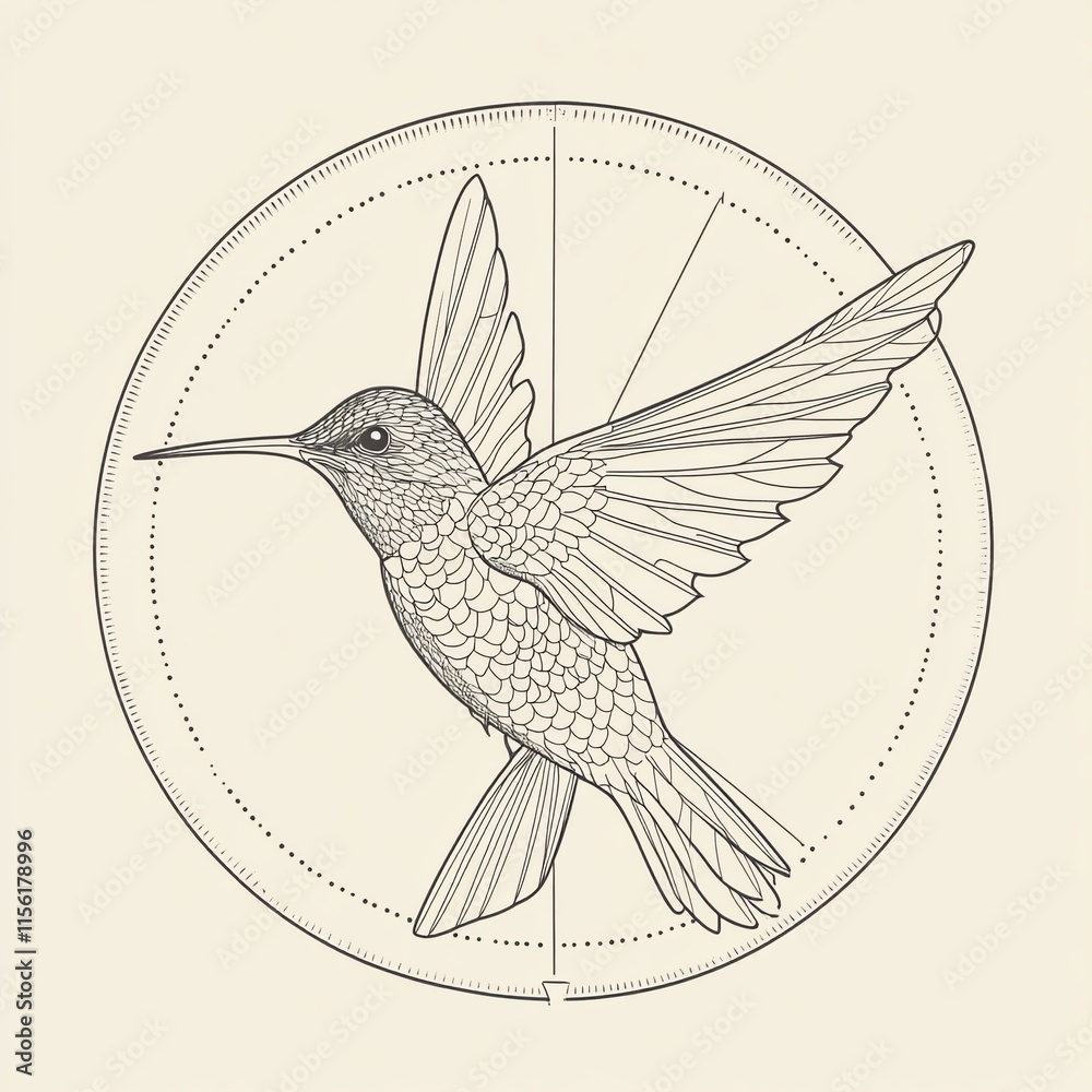 Aufkleber Geometric hummingbird illustration in flight within a circle.