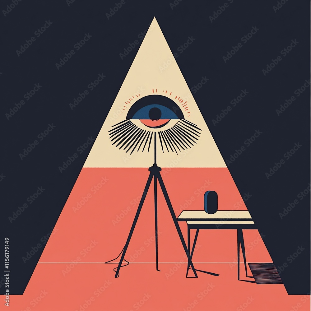 Poster Abstract minimalist illustration of a tripod lamp with an eye-like shade casting light onto a small table.
