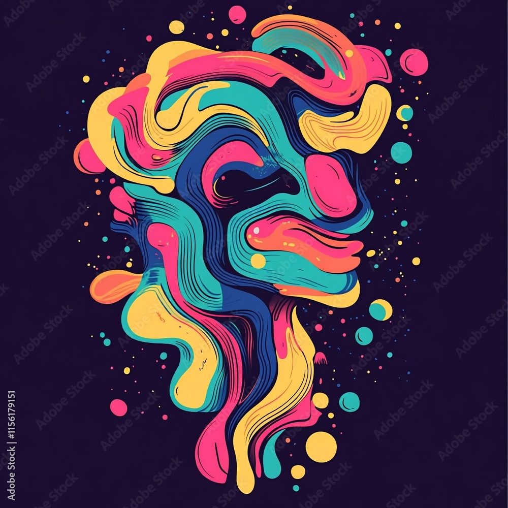 Poster abstract colorful portrait of a face, swirling lines and shapes.