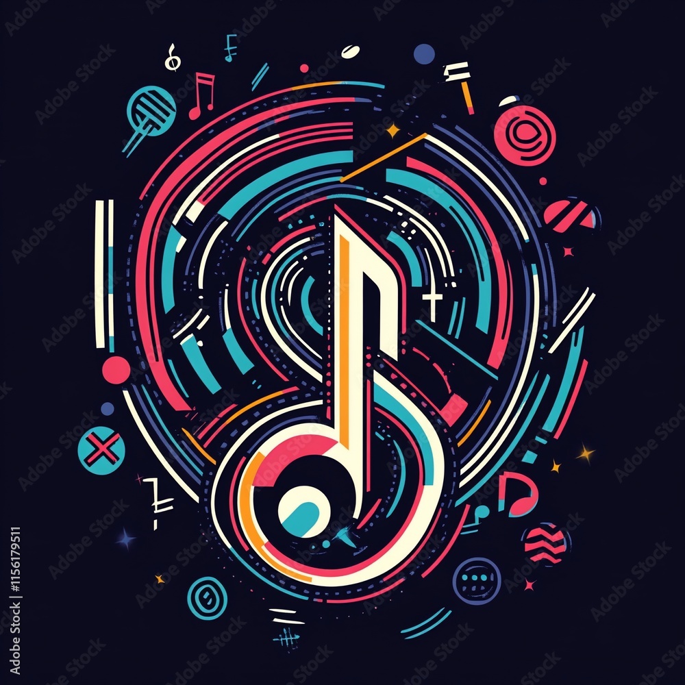 Poster abstract musical note design with vibrant geometric shapes and swirling lines.