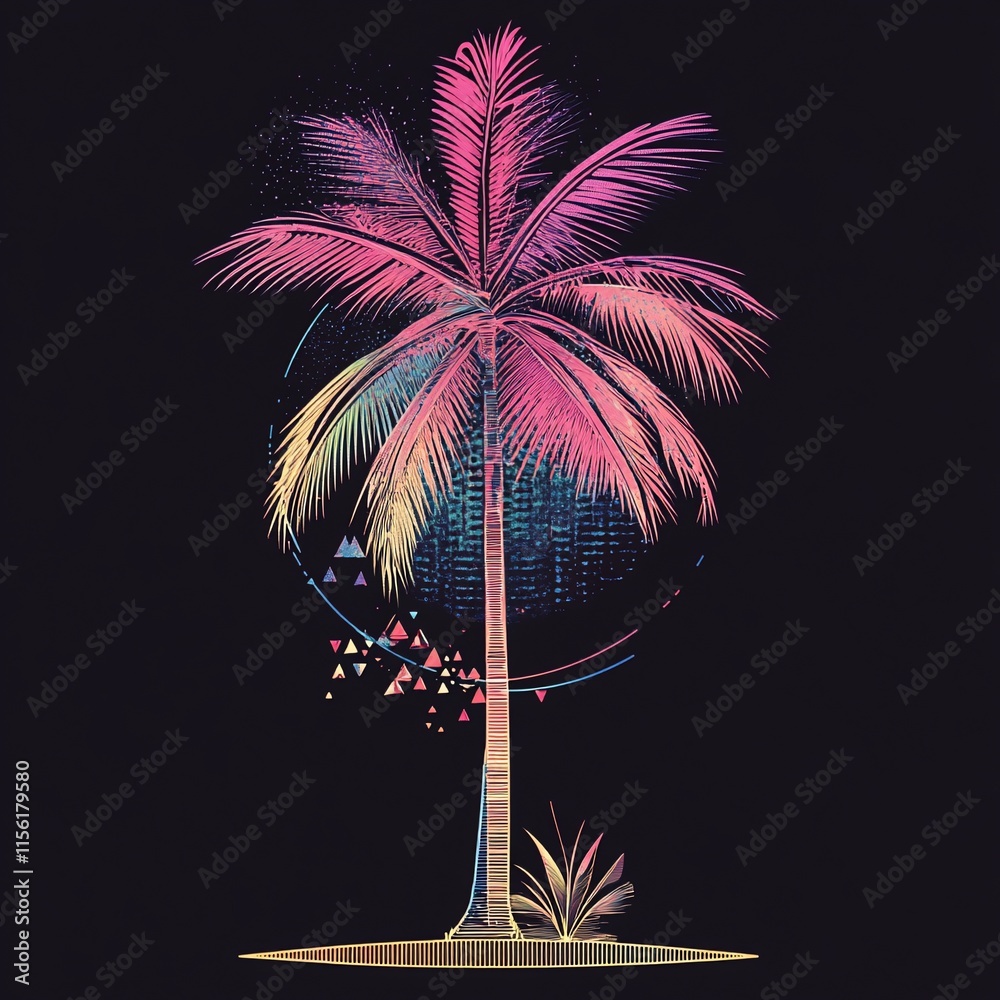 Poster Neon pink palm tree digital art on dark background with geometric elements.