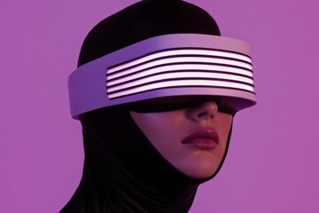 A futuristic depiction of hypnosis with a glowing headset connected to a digital screen projecting calming visuals for relaxation