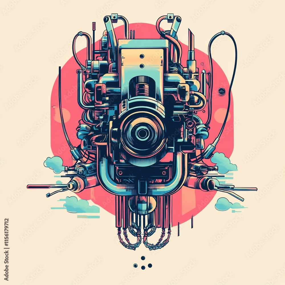 Poster Abstract robotic face with intricate mechanical details and a vibrant color palette.