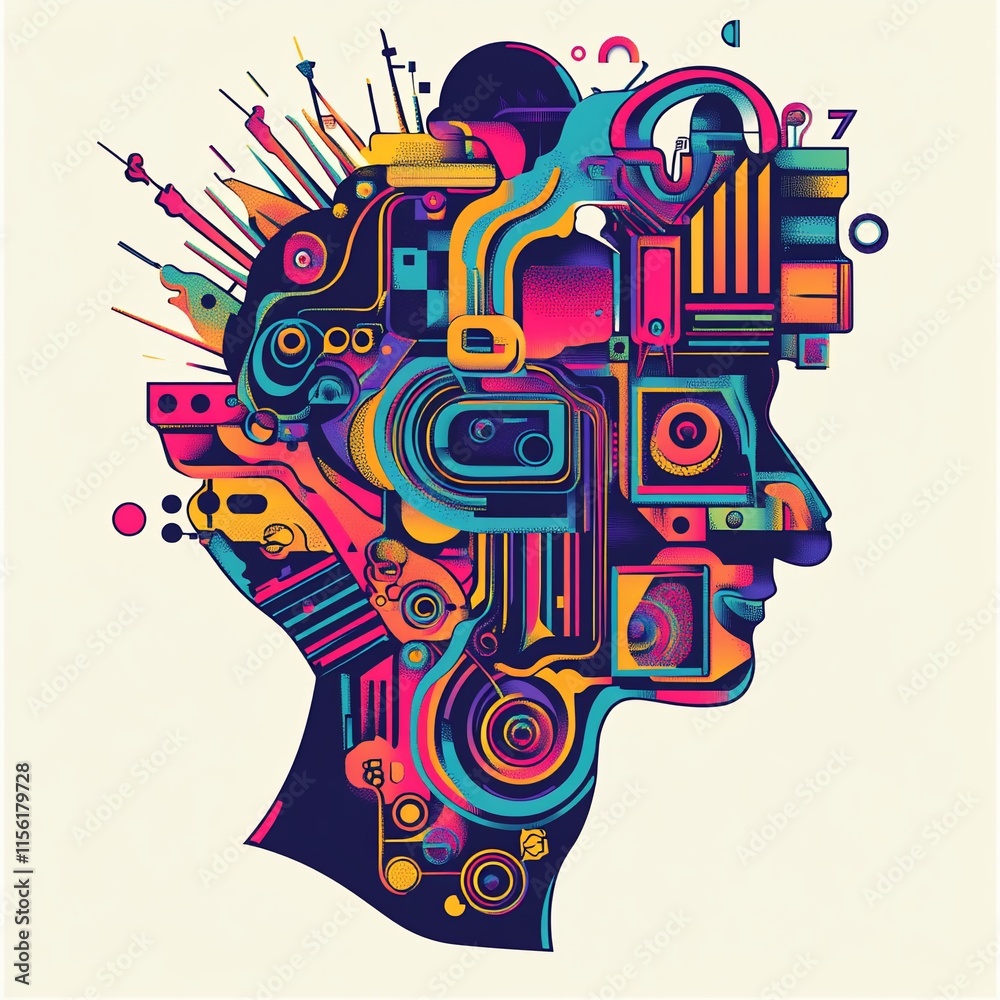 Poster abstract colorful illustration of a human head with mechanical parts, symbolizing artificial intelli