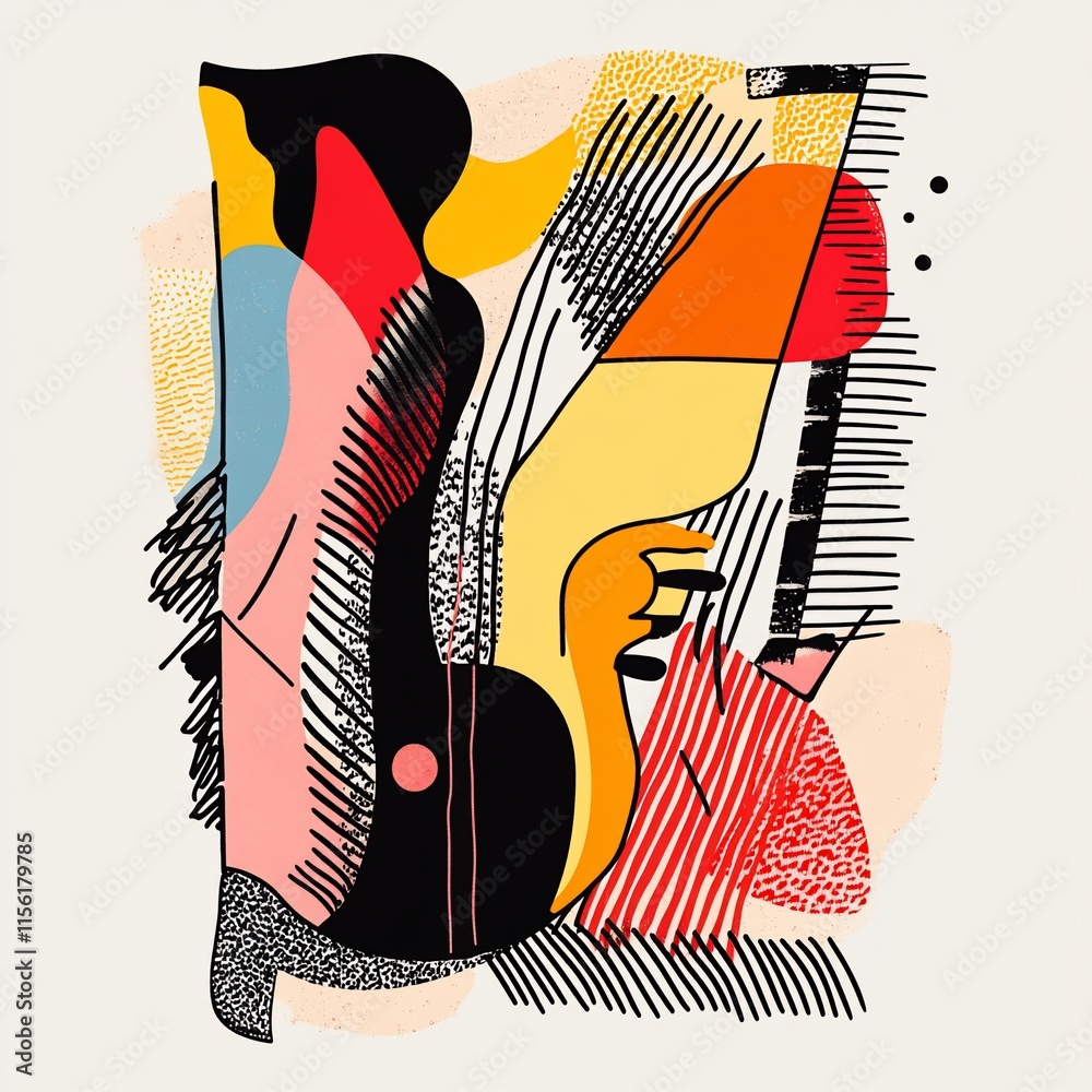 Poster abstract art composition with vibrant colors, geometric shapes, and textured patterns.