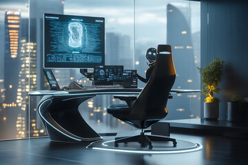 Futuristic executive office with a curved smart desk made from carbon fiber, a holographic assistant displayed on one side, an infinity mirror wall, and a hovering robotic organizer device. Interior