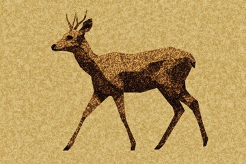 A geometric illustration of a deer running, with angular lines and earthy tones creating a minimalist style