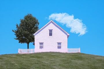 Obraz premium A geometric outline of a house with a tree and a fence in simple, soft pastel tones