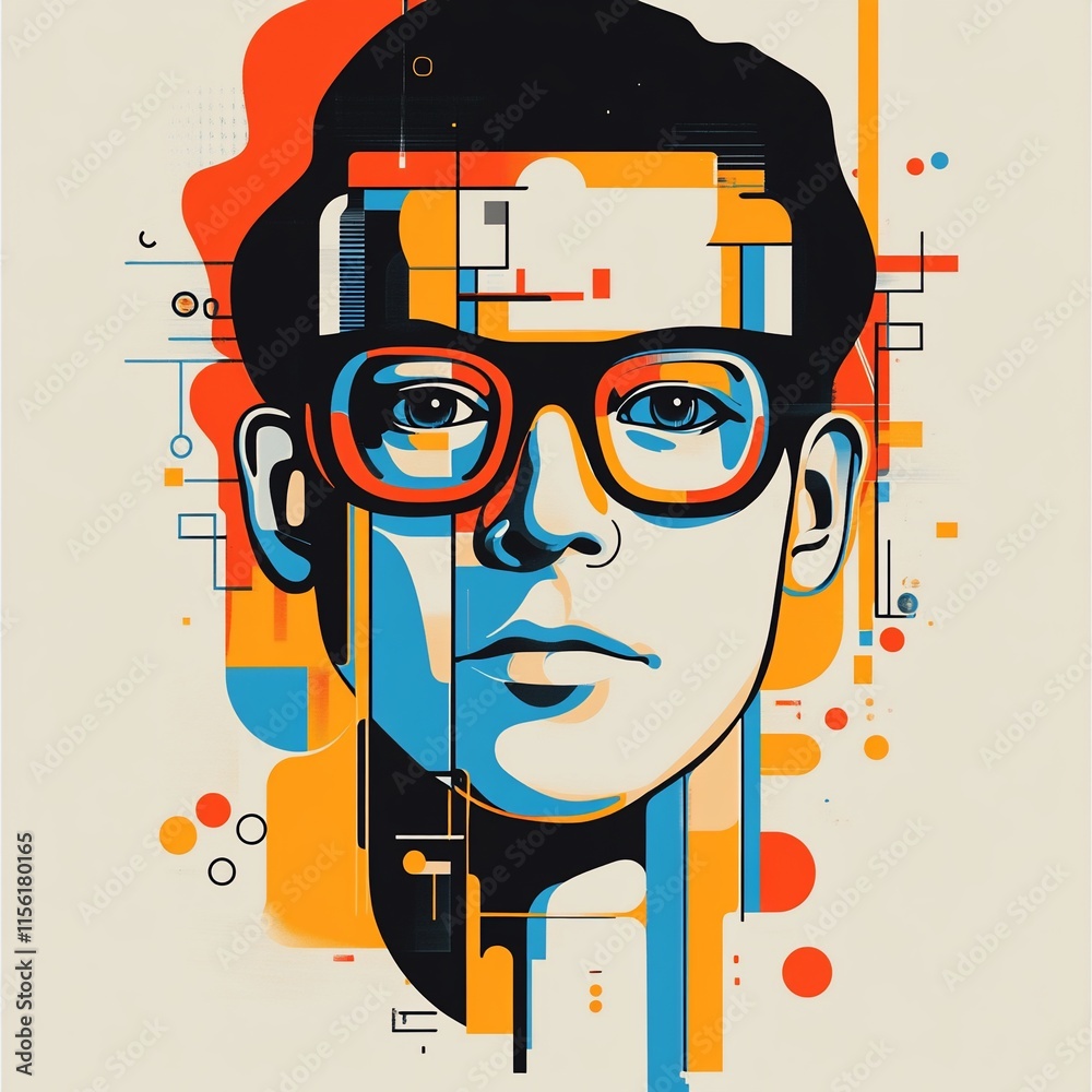 Poster abstract portrait of a person with glasses, geometric shapes and vibrant colors.