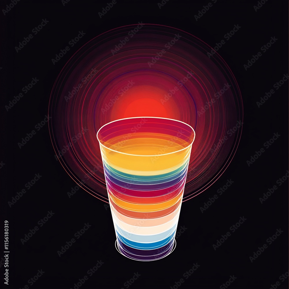Poster colorful layered liquid in a transparent cup against a dark background with concentric circles.