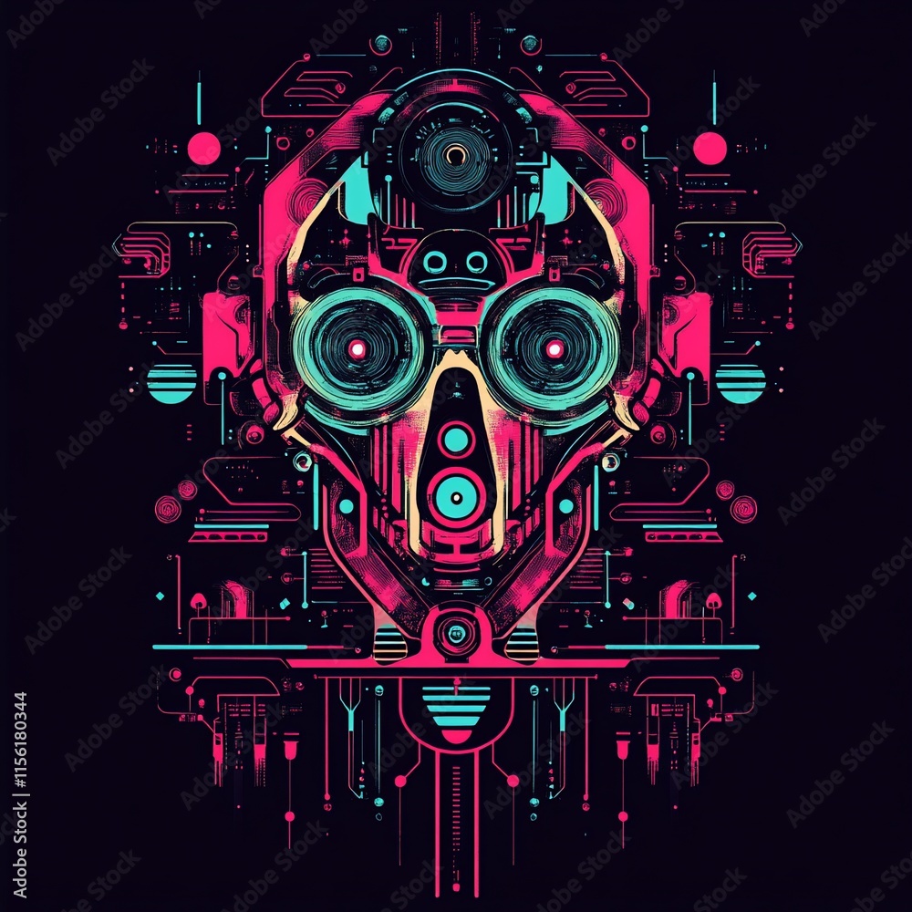 Aufkleber abstract robotic skull illustration with vibrant neon colors and intricate circuitry details.