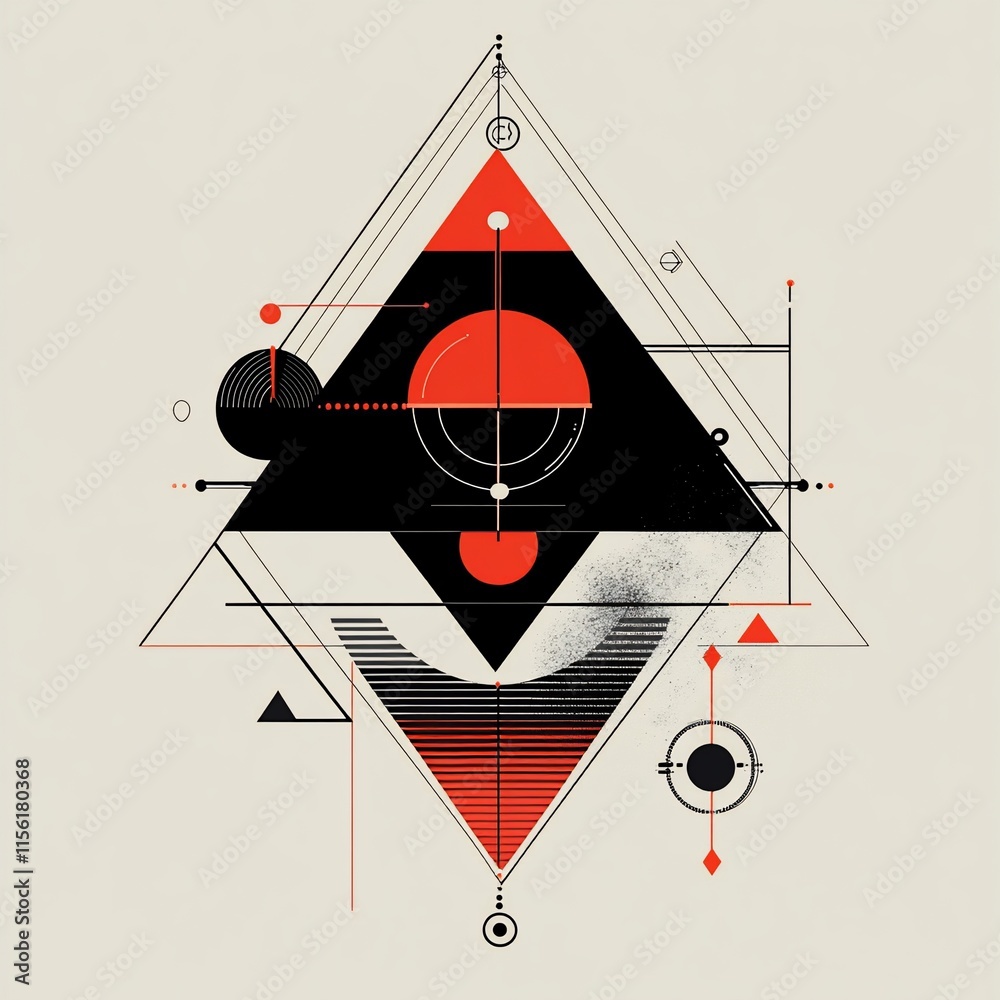Poster Abstract geometric design with red and black shapes within a diamond frame on a beige background.