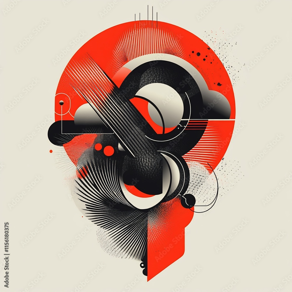 Poster Abstract red and black geometric design with radiating lines and circular shapes.