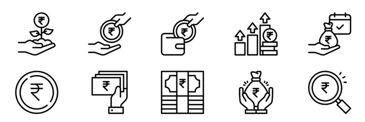Money savings and finance vector line icons set. Collection of isolated icons such as money, rupee,  coin, hand, banknote, finance and more. Collection of isolated icons related to rupee currency