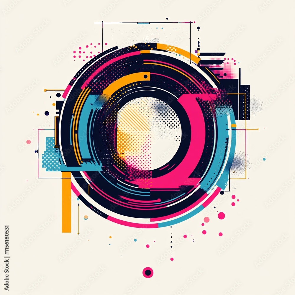 Poster Abstract colorful circular design with geometric shapes and grunge texture.