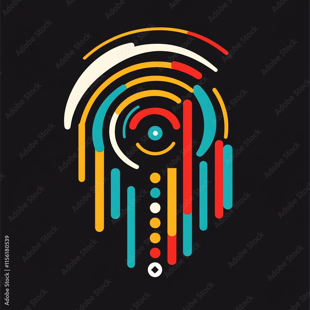 Poster Abstract fingerprint design with colorful lines and circles on a dark background.
