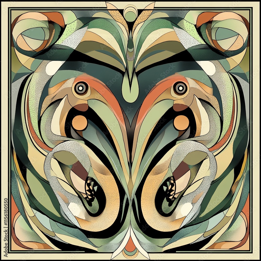 Poster abstract symmetrical artwork featuring stylized bird-like creatures in muted greens, oranges, and br