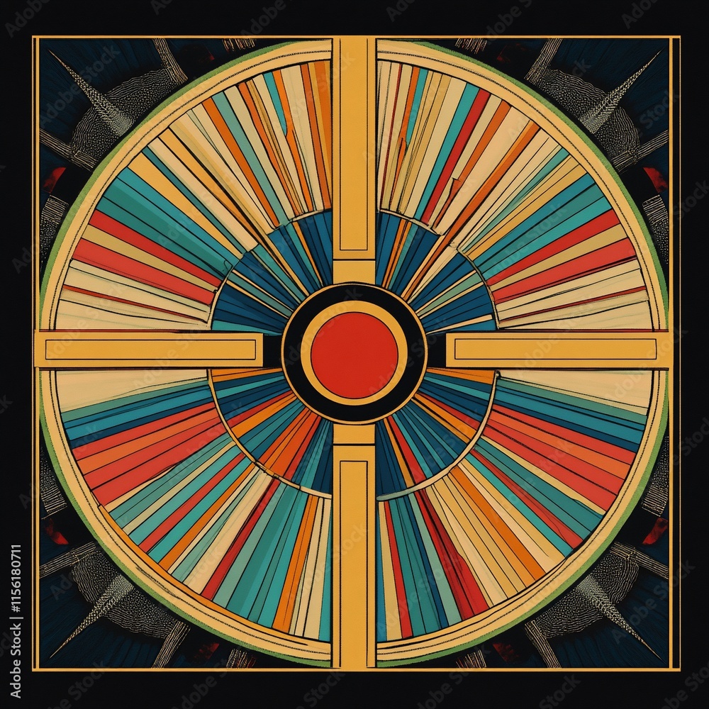 Poster abstract colorful wheel design with central red circle and gold cross.