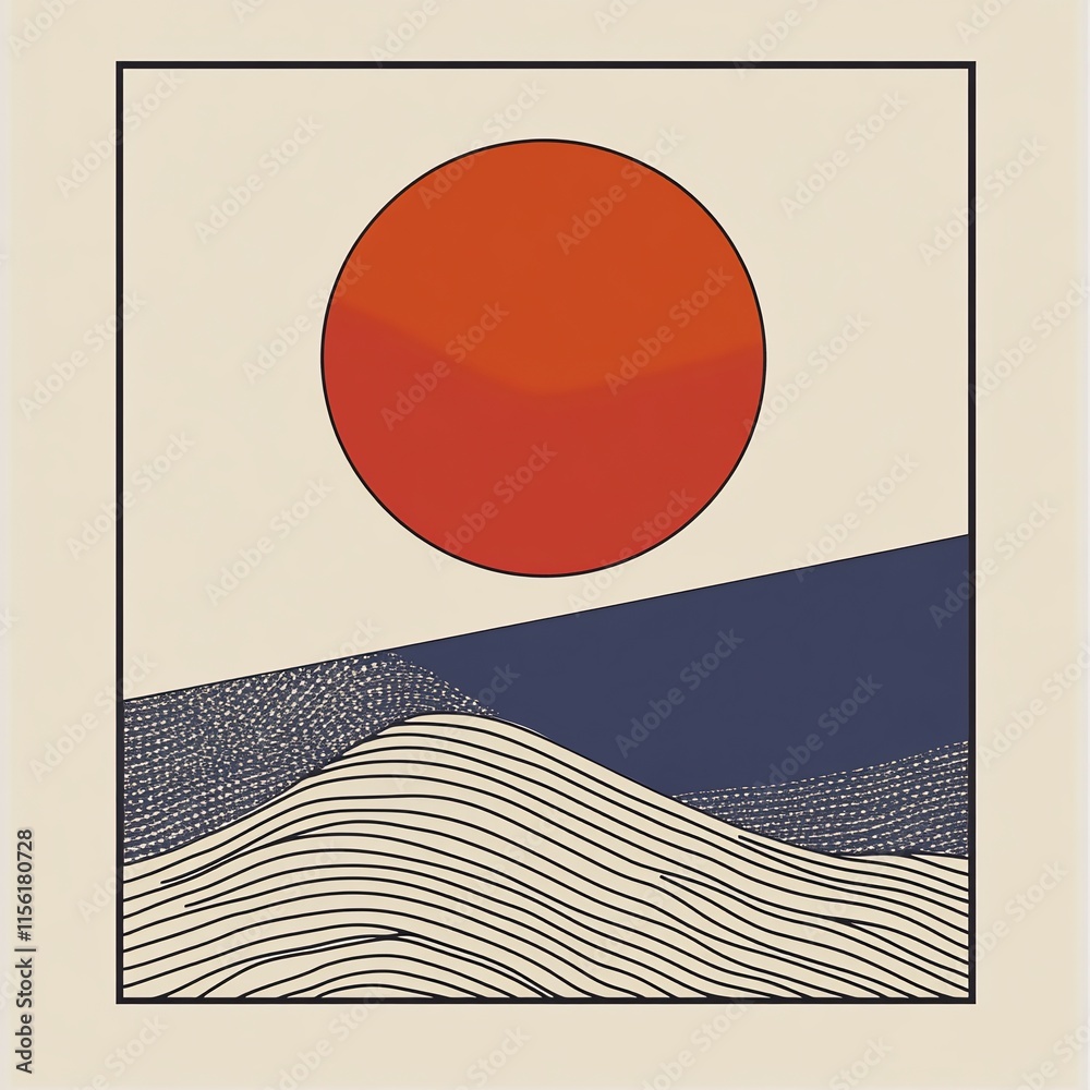 Poster abstract minimalist artwork depicting a large red sun setting behind stylized, linear hills.