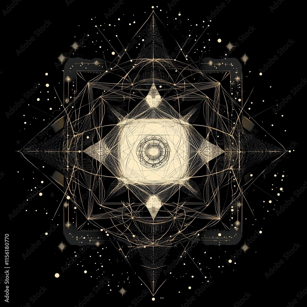 Poster Abstract geometric mandala design with glowing center and cosmic background.