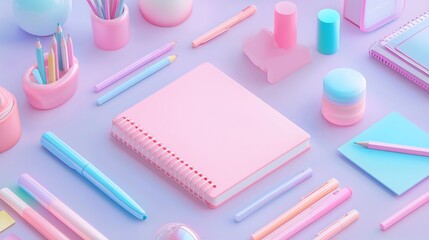 Pastel pink notebook surrounded by stationery.