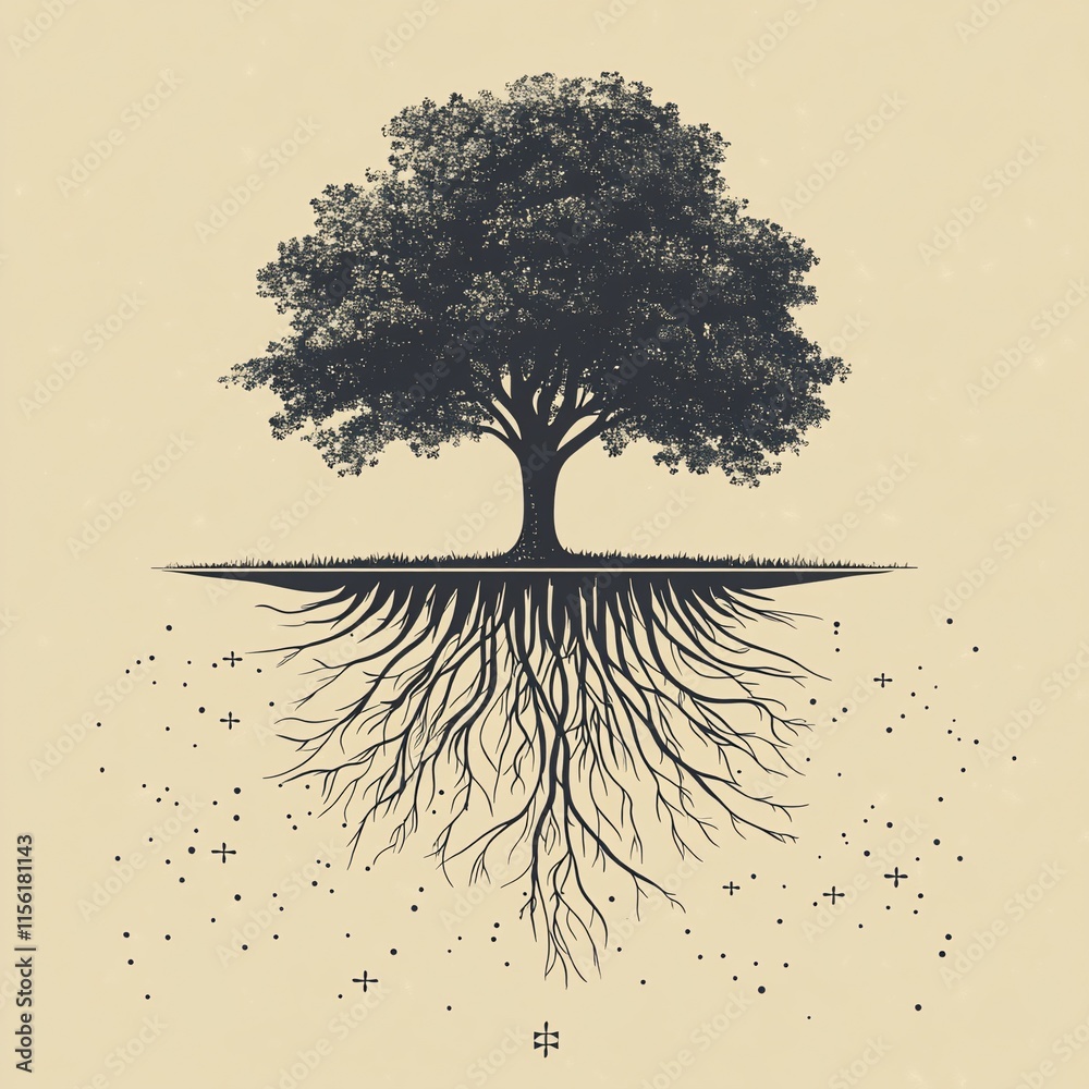 Poster stylized illustration of a tree with exposed roots and glowing particles.