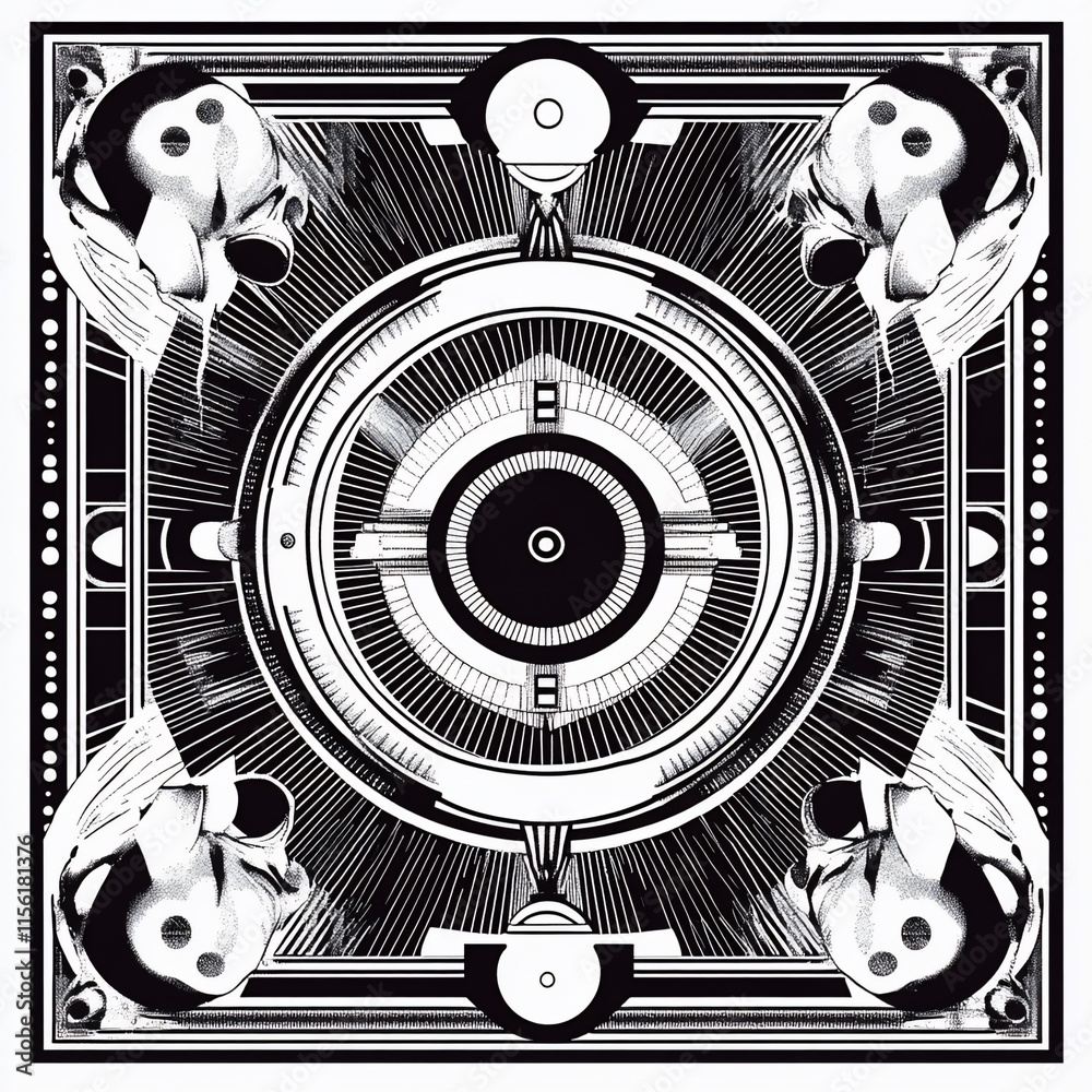Poster Abstract black and white symmetrical design with skull motifs and geometric patterns.