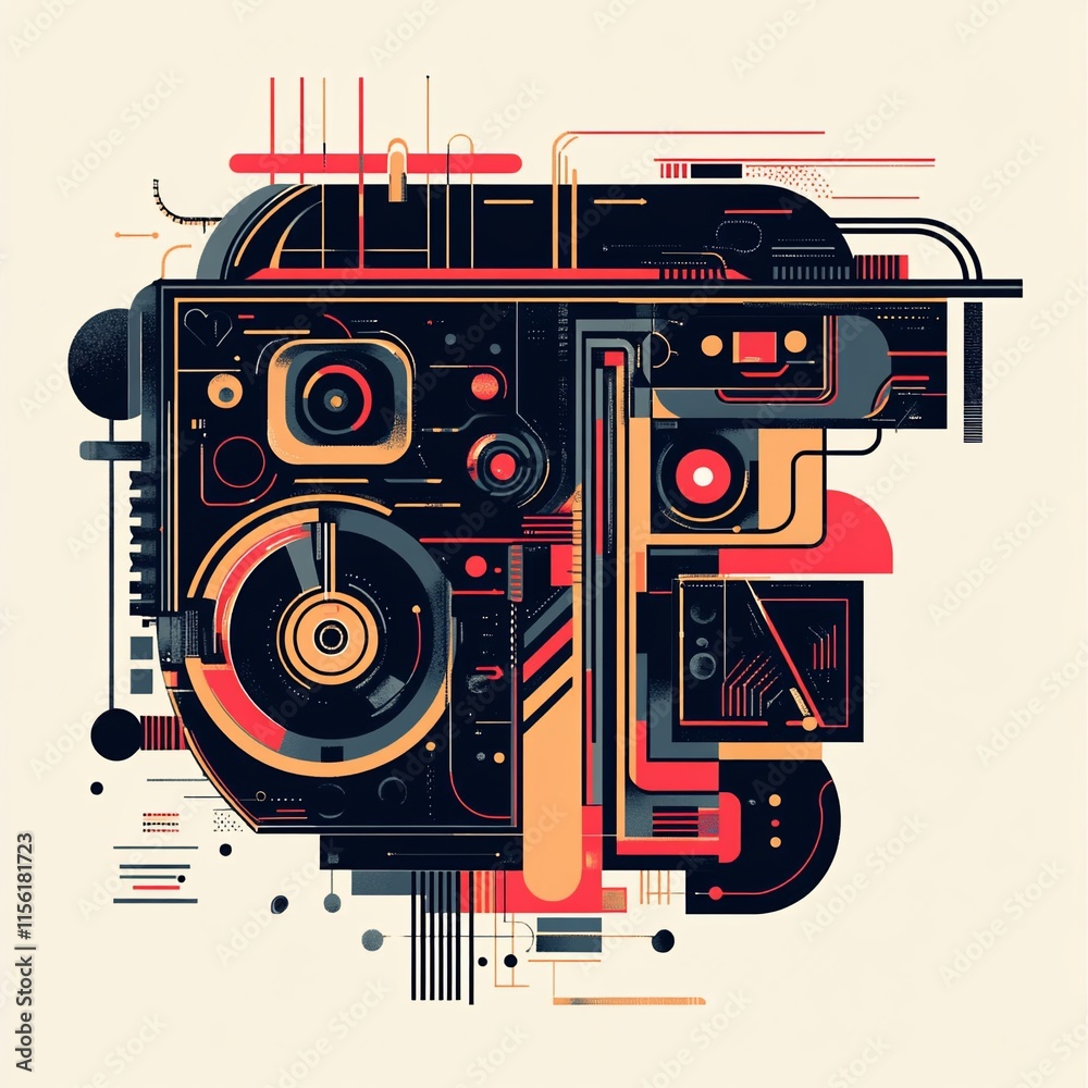 Poster Abstract geometric illustration with dark and red color scheme, featuring circular and rectangular shapes, lines, and intricate details, suggesting a technological or mechanical theme.