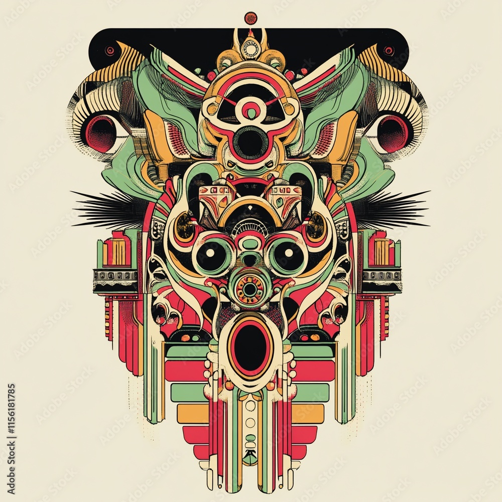 Poster abstract geometric artwork featuring a stylized creature face with vibrant colors and intricate deta