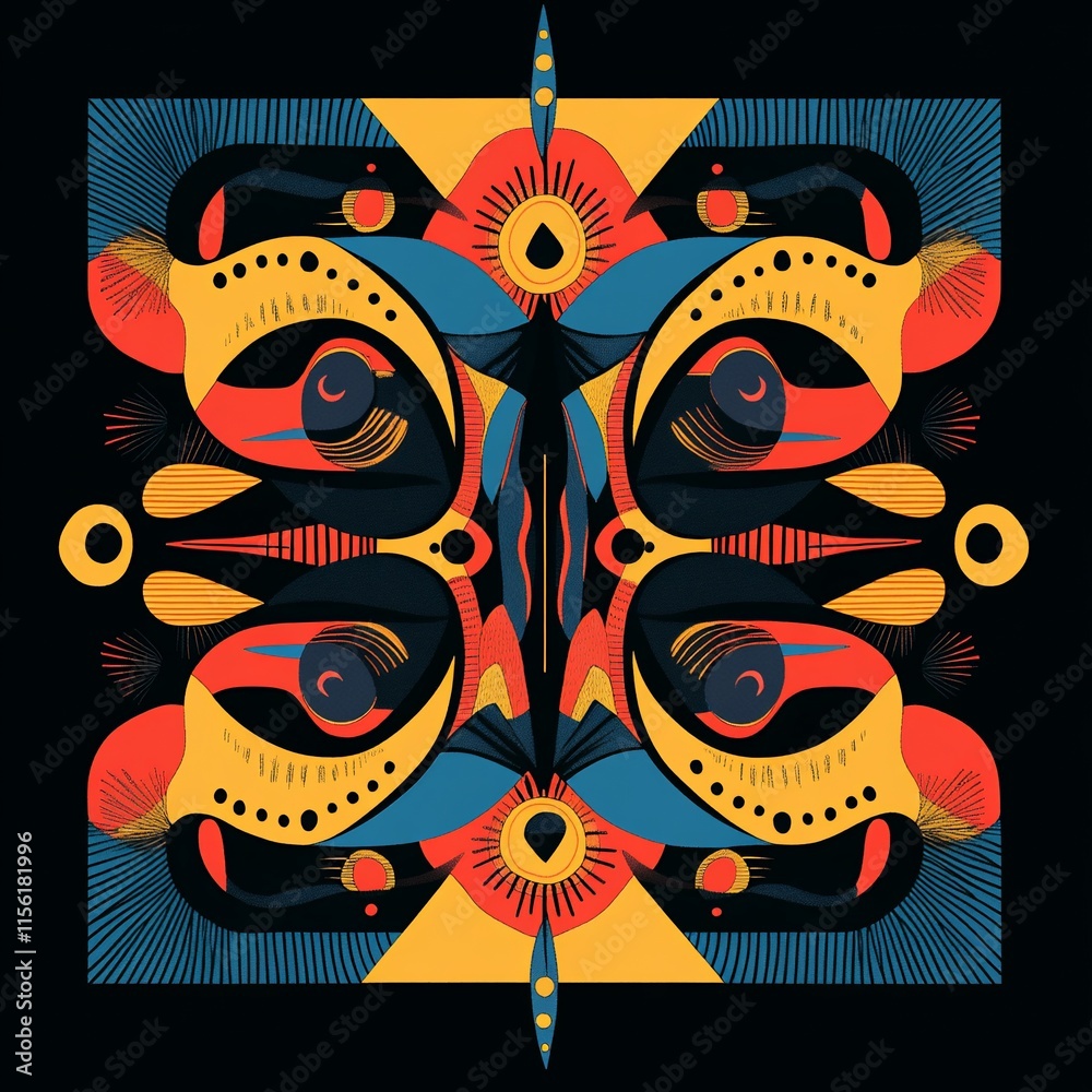 Poster Abstract symmetrical artwork with vibrant colors and geometric shapes, creating a visually striking and balanced composition.