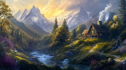 Naklejka premium Idyllic mountain cabin nestled in a vibrant valley with a flowing stream, surrounded by lush greenery and majestic snow-capped peaks at sunset.