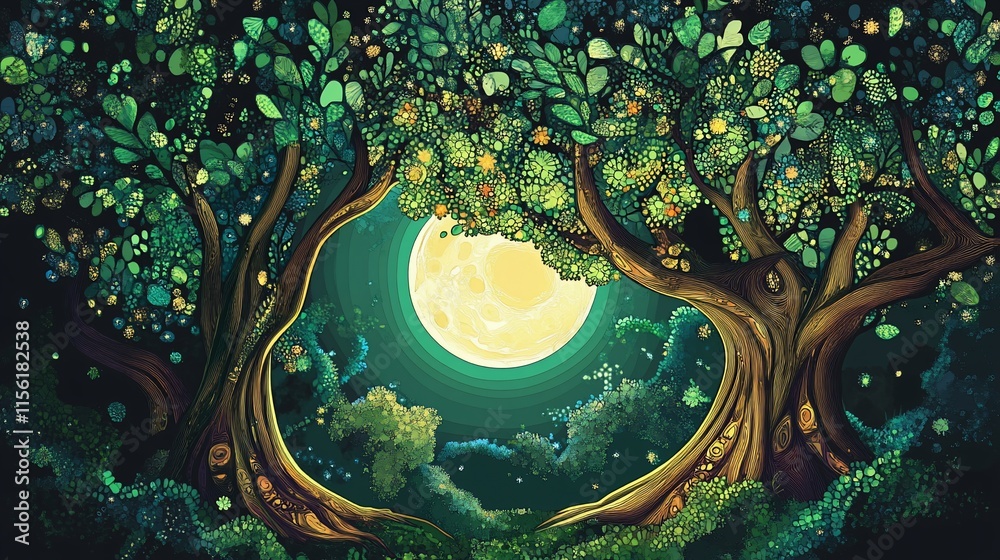 Aufkleber enchanting moonlit forest scene with lush, glowing trees forming a natural archway.