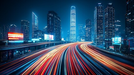 Fototapeta premium Night cityscape with light trails on highway.