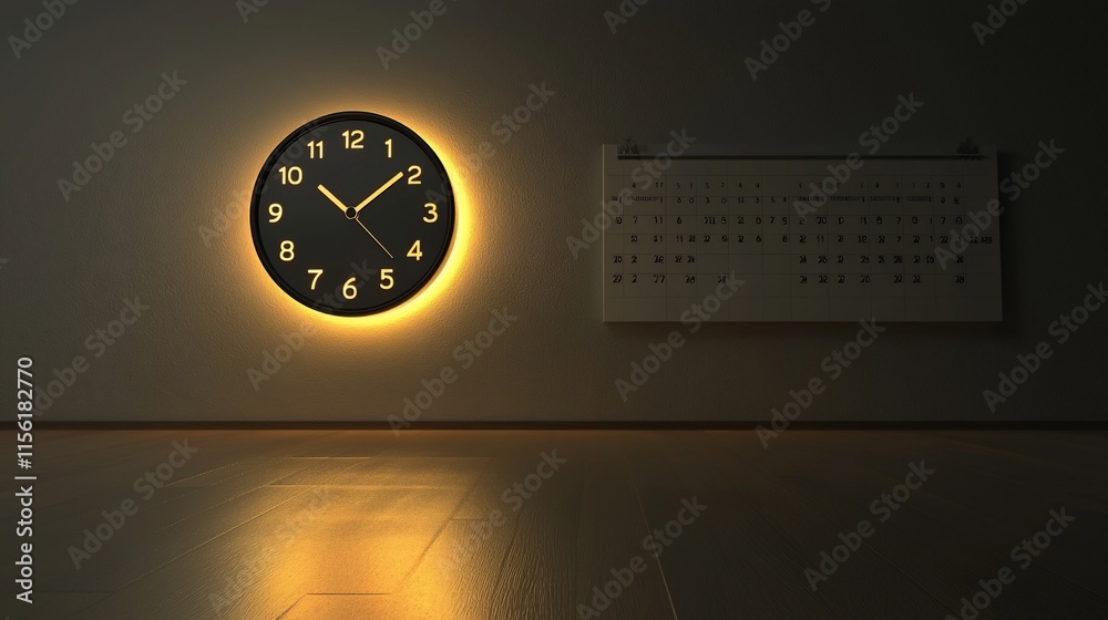 Poster Illuminated wall clock and calendar in dim room.