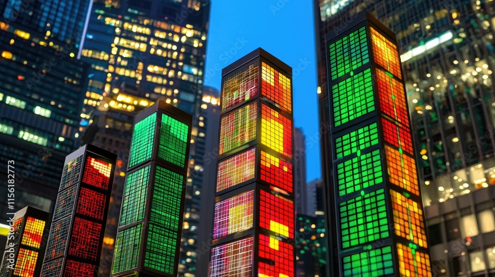 Poster illuminated skyscrapers at night displaying colorful data patterns.