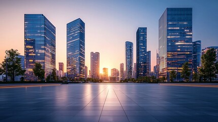 Fototapeta na wymiar Modern cityscape at sunset, reflecting on a wide plaza.