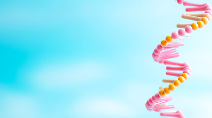 Colorful DNA helix model floats against a bright blue background, symbolizing genetic research and innovation