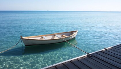 Obraz premium Serene Coastal Rowboat Moored at Wooden Dock Tranquil Ocean Scene