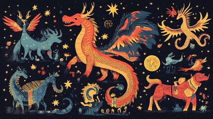 Fototapeta premium Mythical creatures, celestial bodies, and stars in a dark night sky.
