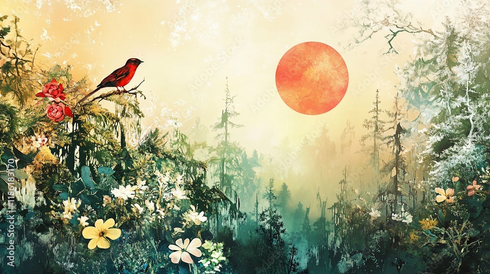 Poster Red bird perched on branch in misty forest at sunrise with large red sun.