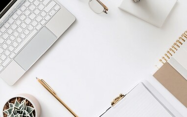 Flat lay of laptop, notebook, glasses, pen, and succulent on white background.