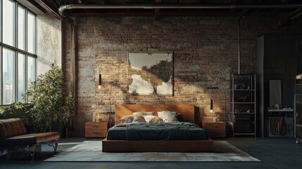 Sunlit industrial loft bedroom with exposed brick wall, wooden bed, and large window.