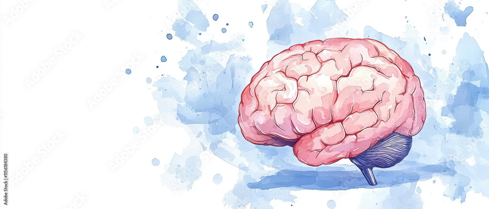 Fototapete neurotechnology brain computer interfaces. illustration of a pink brain with a watercolor splash bac