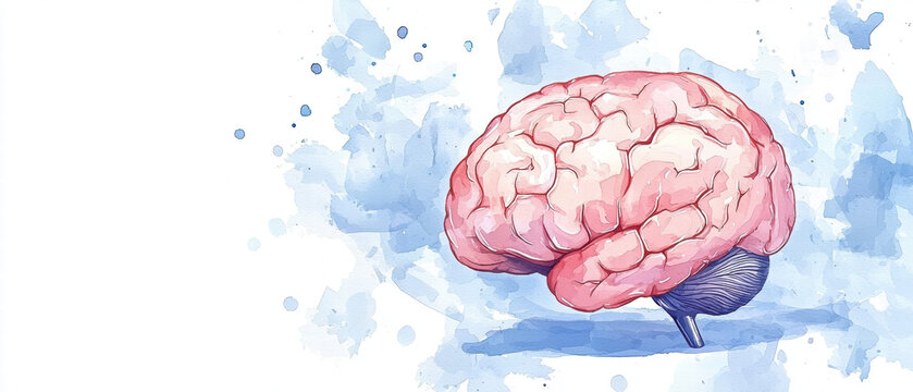 Neurotechnology Brain Computer Interfaces. Illustration of a pink brain with a watercolor splash background.