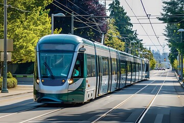 Obraz premium Tram on the street city on rainy day