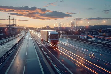 Obraz premium Truck carries cargo on the highway at night