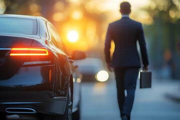 Fototapeta premium Businessman Walking Away from Black Sedan at Sunset