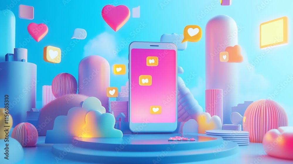 Poster Smartphone displaying likes and hearts in a vibrant 3D scene.