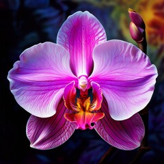 Fototapeta premium Close-up of vivid orchid flowers with gradient of pink, purple shades. Intricate petal details convey natural beauty. Ideal for home decor, floral enthusiasts, and artistic projects.