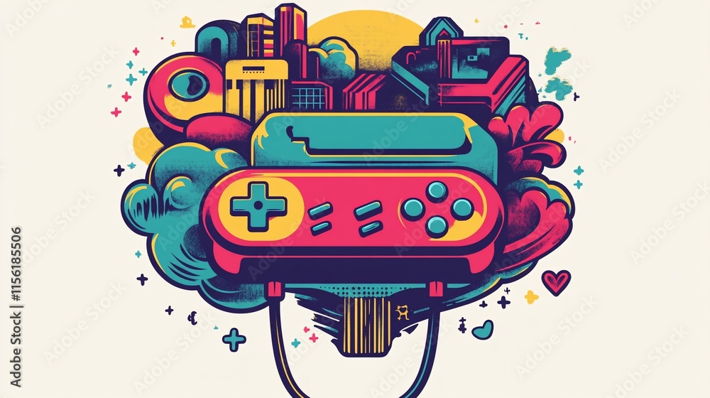 Poster retro game console with city skyline and gaming elements illustration.